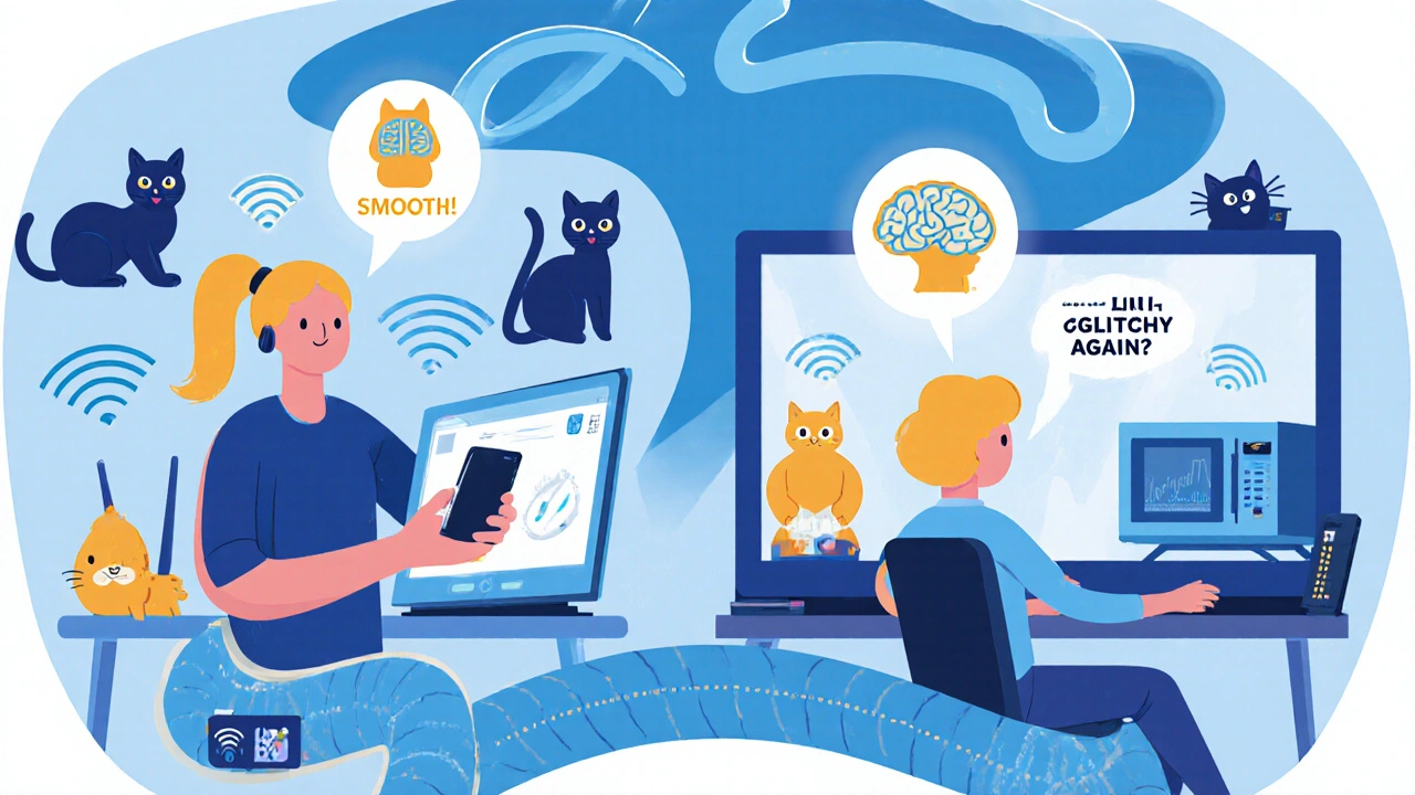 Remote worker with a smart adaptive buffer glowing above head, surrounded by Wi-Fi interference, compared to a glitchy office call center.