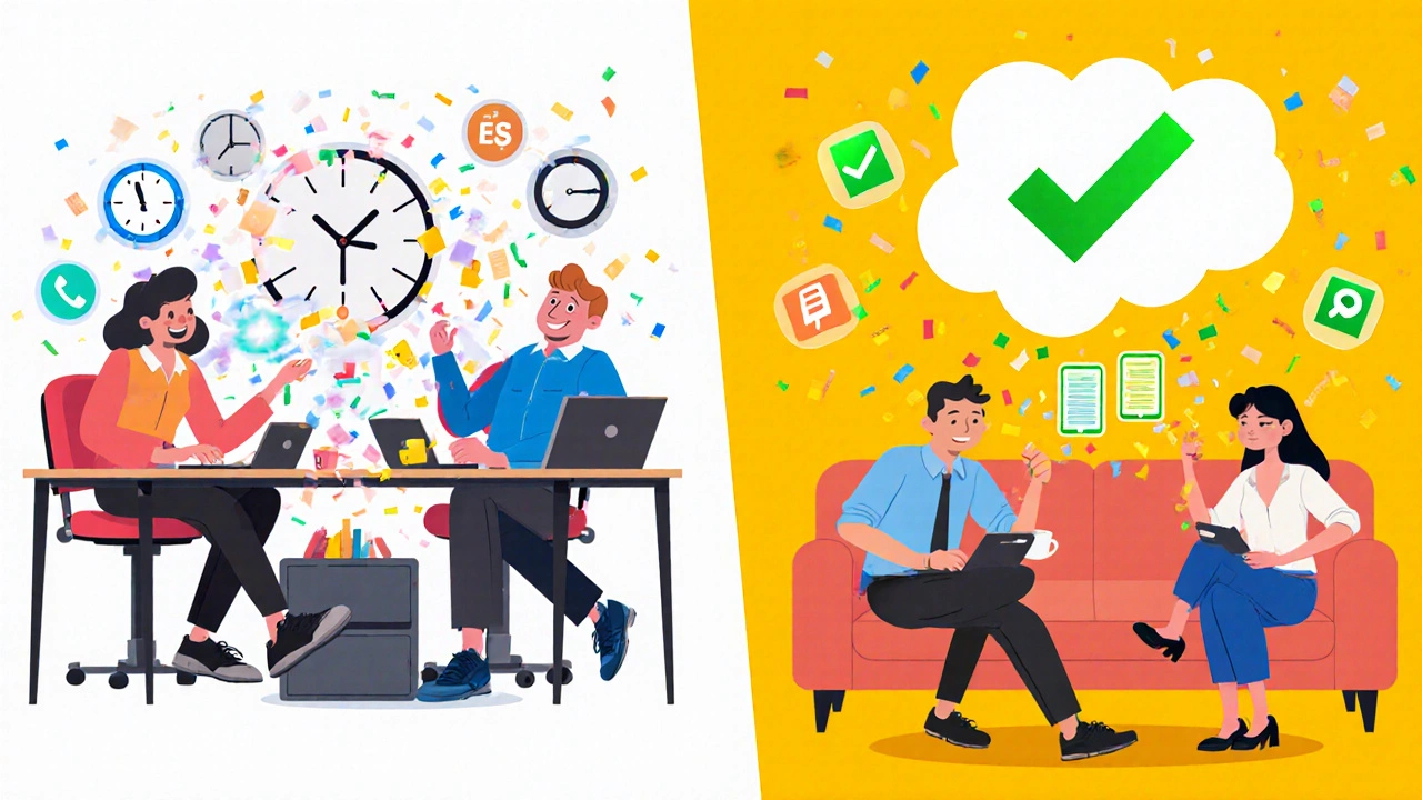 Split scene: chaotic manual logging vs. relaxed team with auto-logged calls flying into their CRM.
