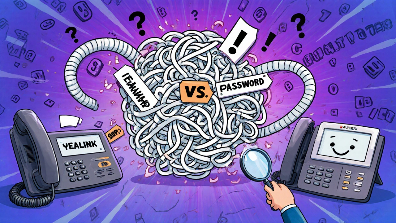 Three different phone models arguing over conflicting XML tags in a messy network scene.