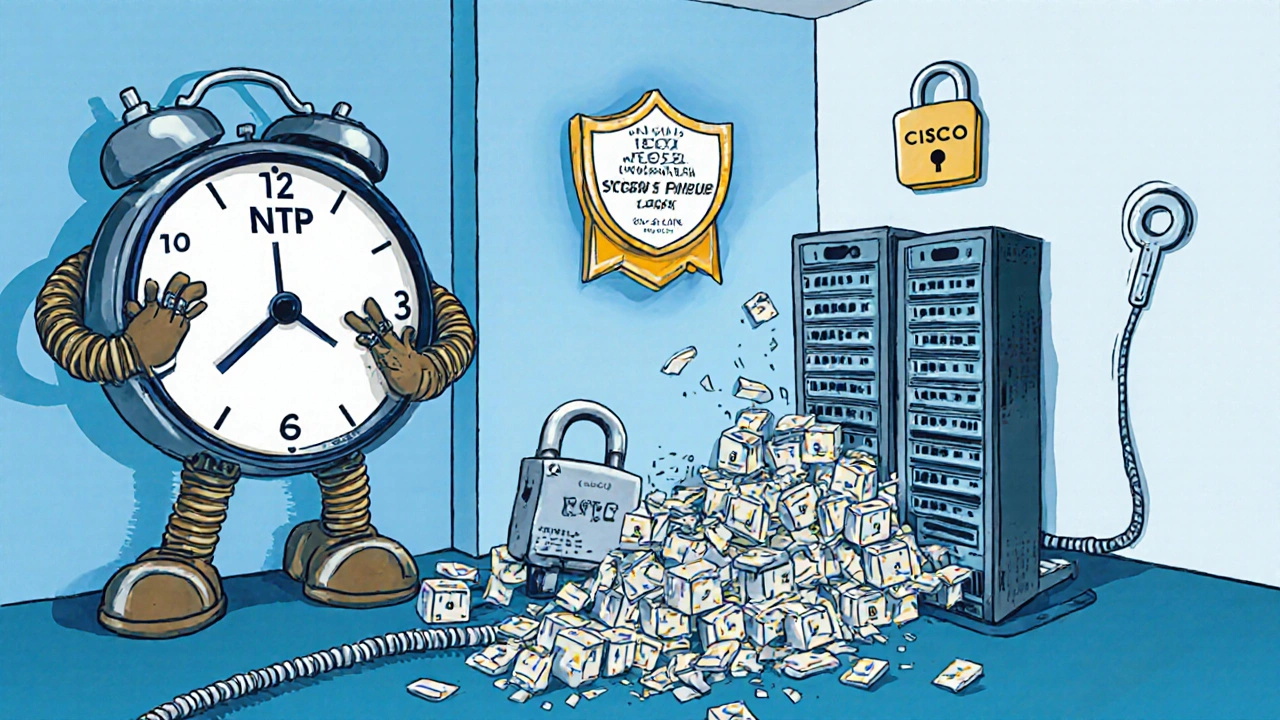 Two routers accidentally double-encrypt voice packets until a robot fixes the mess with a wrench.