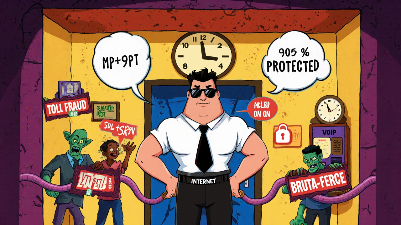 A bouncer-style SBC blocking cyber threats at an internet club while encrypted calls enter safely.