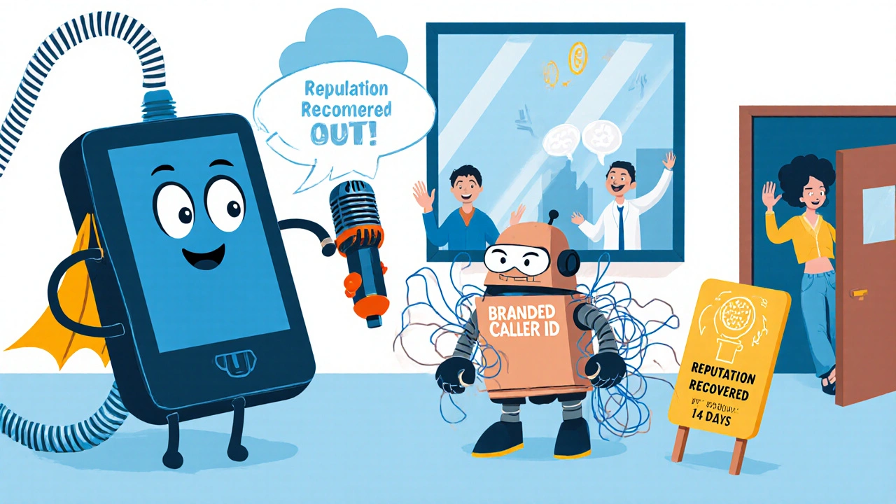 A business phone helped by cartoon filters as a spam bot gets kicked out with a reputation recovery sign.