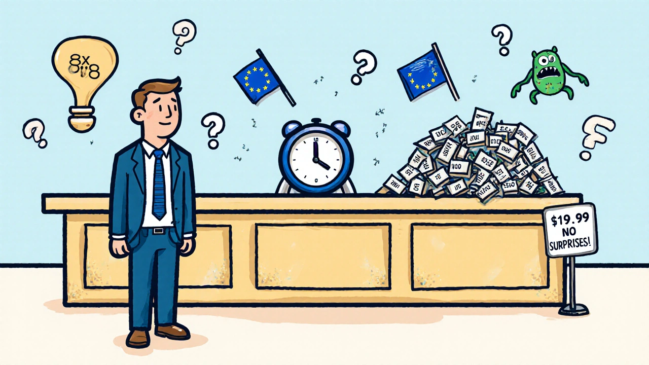 A businessperson chooses between three VoIP provider counters, one with hidden fees monsters running away.