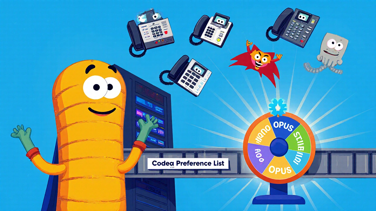 A cartoon PBX server juggling different brand phones on a codec selection conveyor belt.