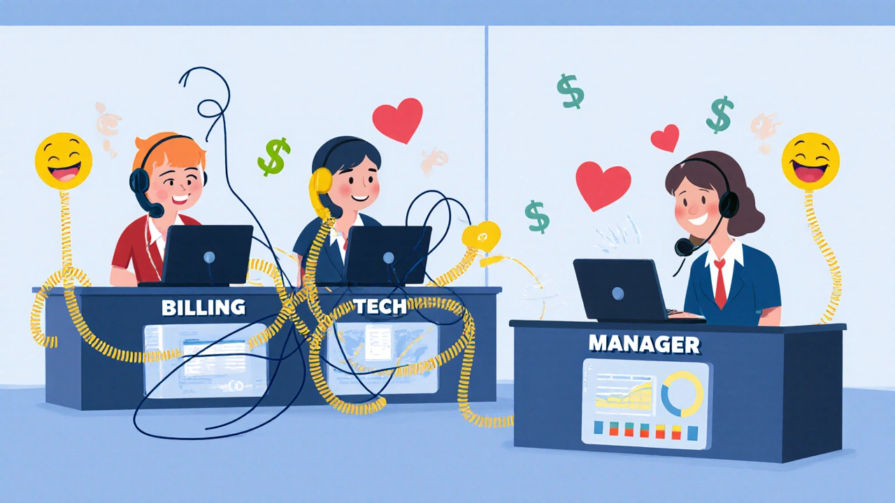 A chaotic call center with agents transferring calls, contrasted with one agent resolving an issue effortlessly.