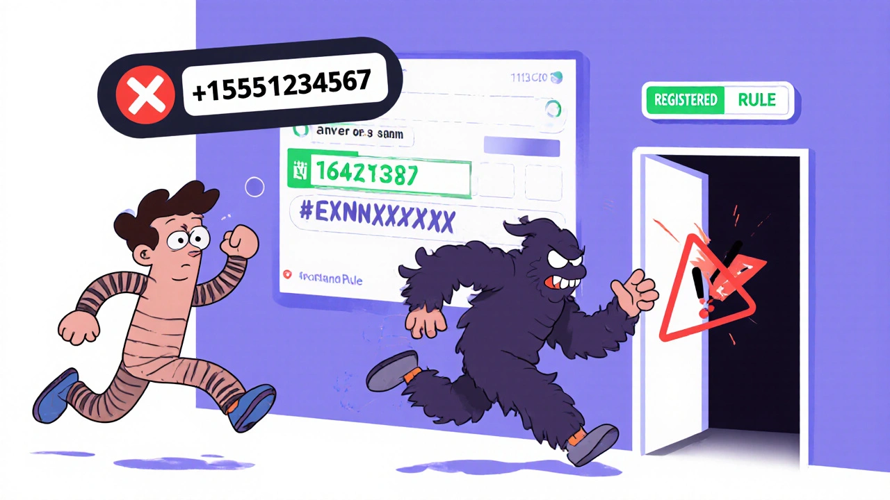 A confused DID number being chased by a fraud monster while the correct format escapes safely through an inbound rule door.
