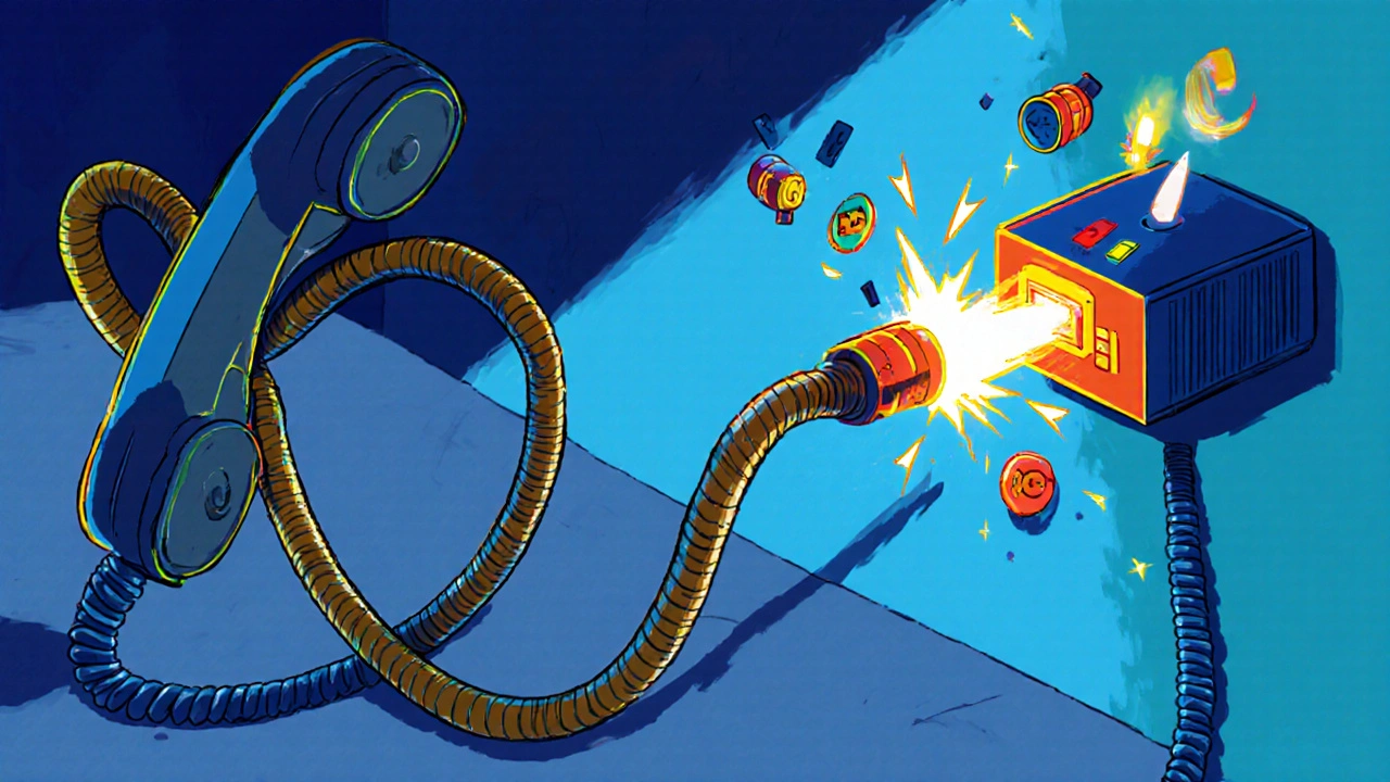 A dead VoIP phone drops as an FXO port pulls a lifeline analog line from the wall during an internet outage.