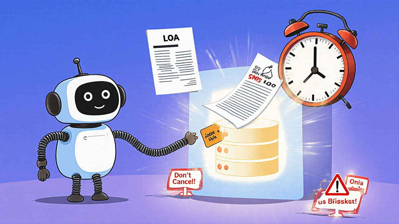 A friendly robot uploading documents to a glowing database with a countdown clock.