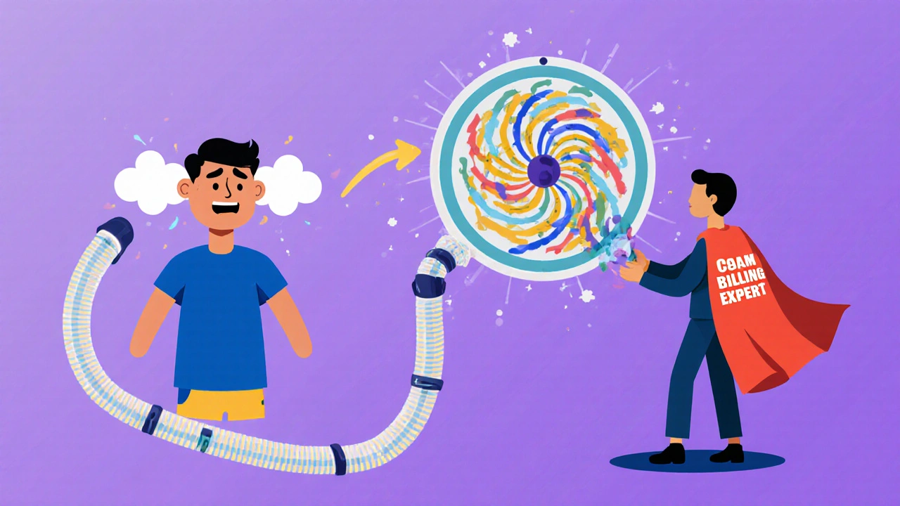 A frustrated caller is saved from a chaotic phone wheel and delivered to a skilled agent with a cape.