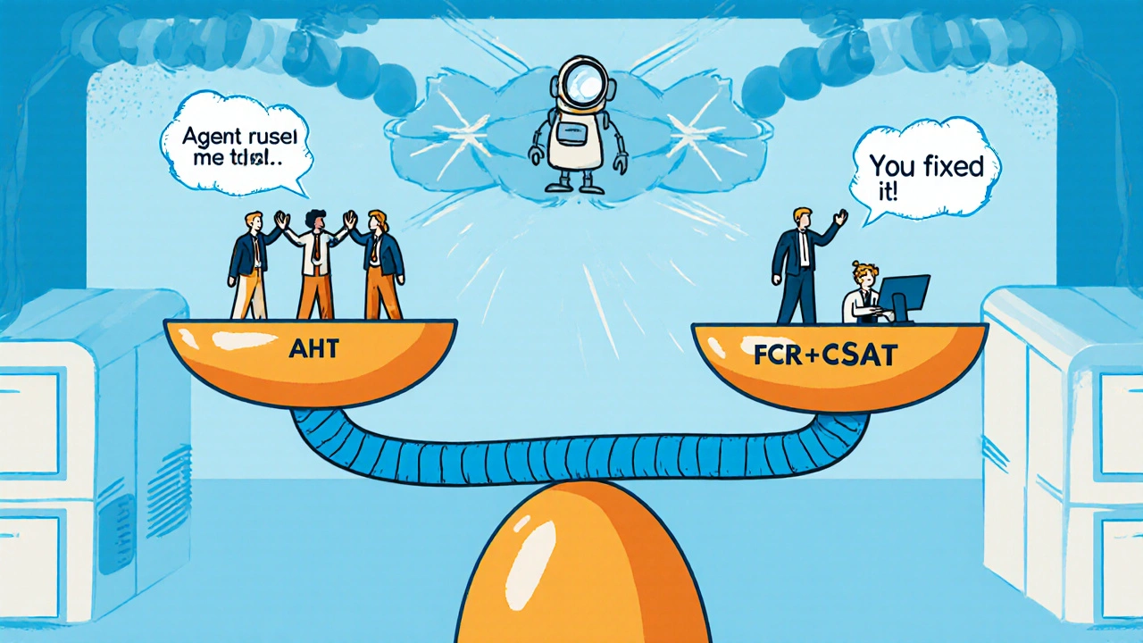 A giant balance scale tipping perfectly as agents celebrate, with AI watching and customer feedback floating in speech bubbles.