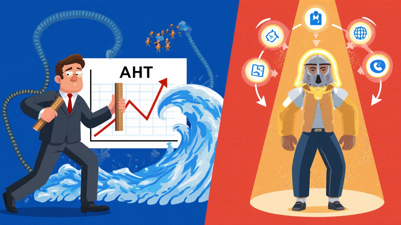 A manager punishing AHT metrics versus an agent using knowledge and AI to boost FCR and CSAT in a playful cartoon scene.