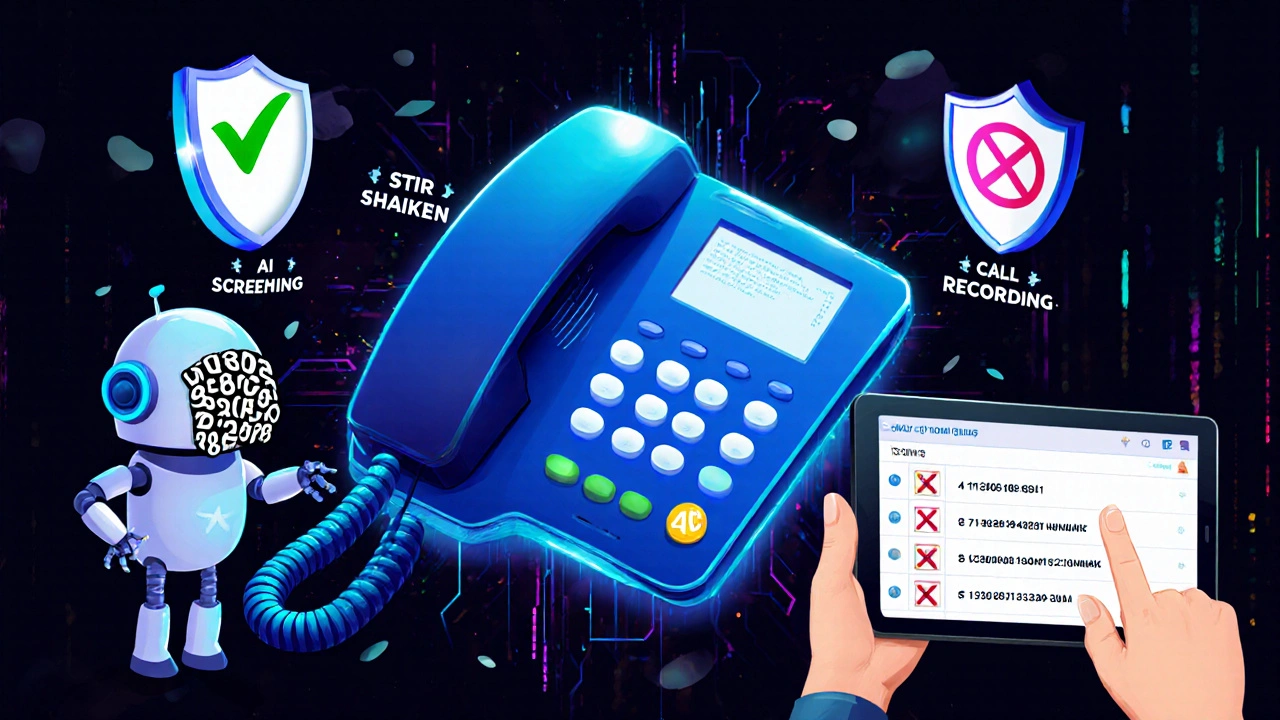 A modern VoIP phone is protected by digital shields and AI tools, blocking spoofing robots in cartoon style.