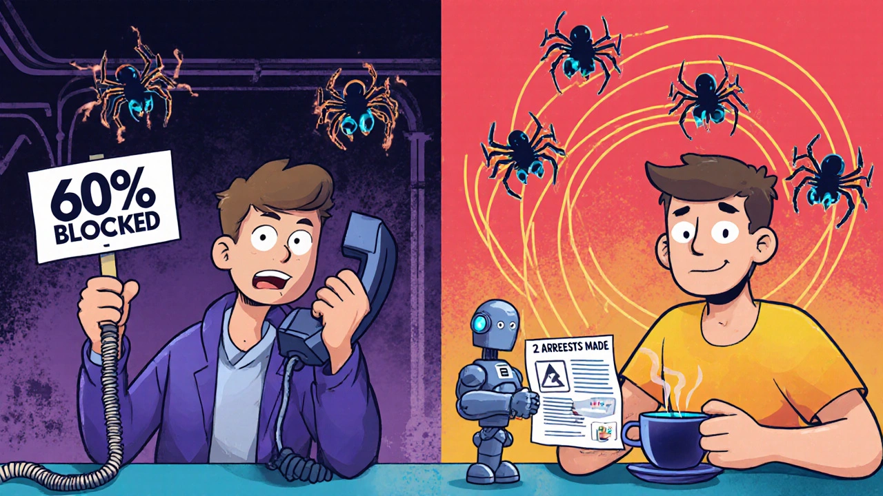 A person faces spam calls on landline vs. effortlessly blocking them with VoIP AI tools in humorous cartoon scene.