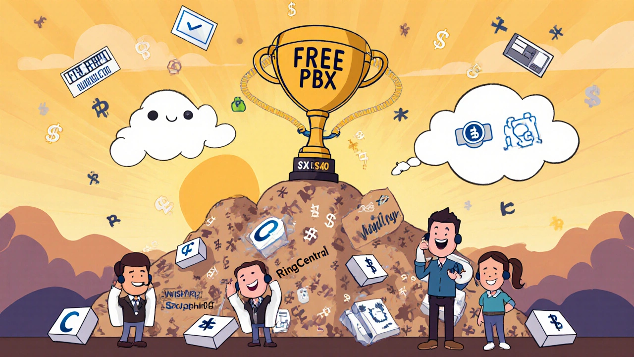 A person holding a FreePBX trophy atop a pile of rejected paid phone systems, with happy employees on calls.