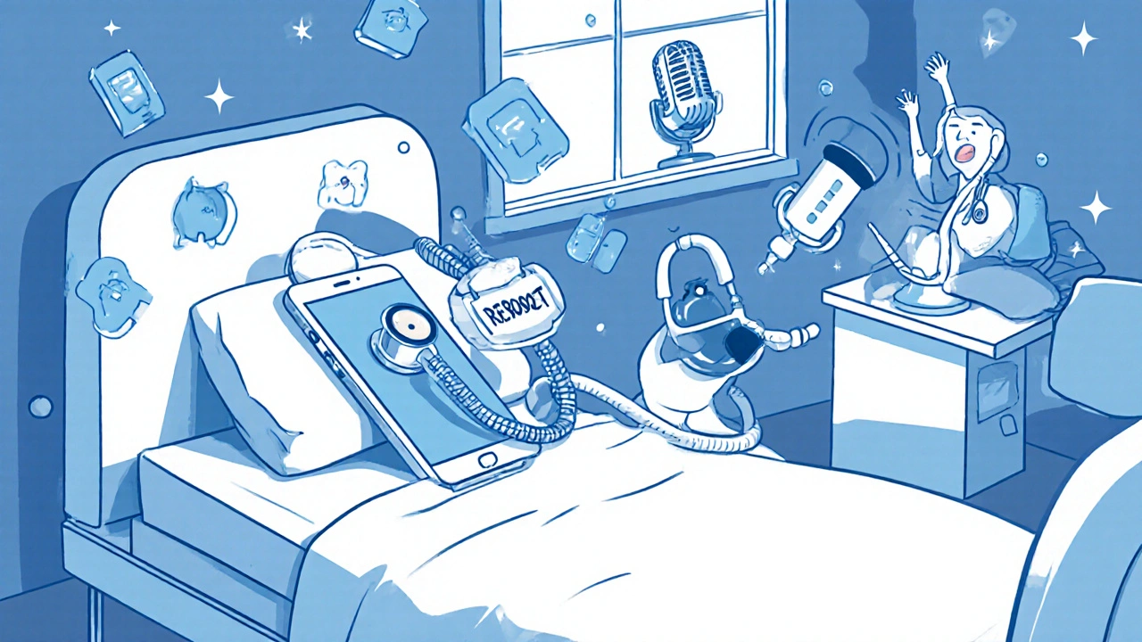 A phone in a hospital bed getting a reboot shot, with app icons cheering and a new VoIP phone in the background.
