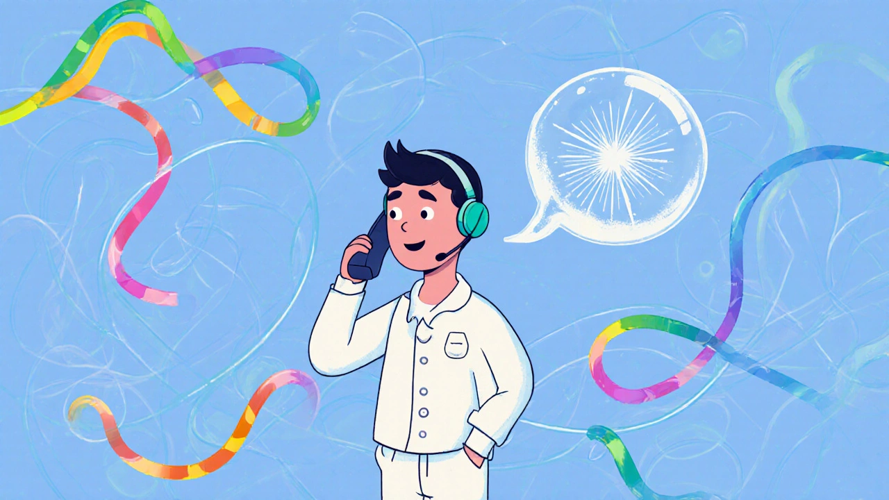 A remote worker on a phone with rainbow Opus internet lines versus glitchy G.729 chicken sounds.