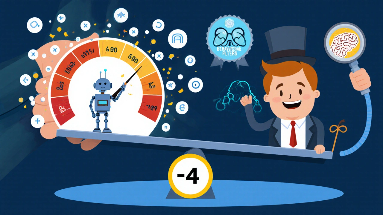 A seesaw reputation meter crushing a spam robot while a trusted number stands safely on the positive side.