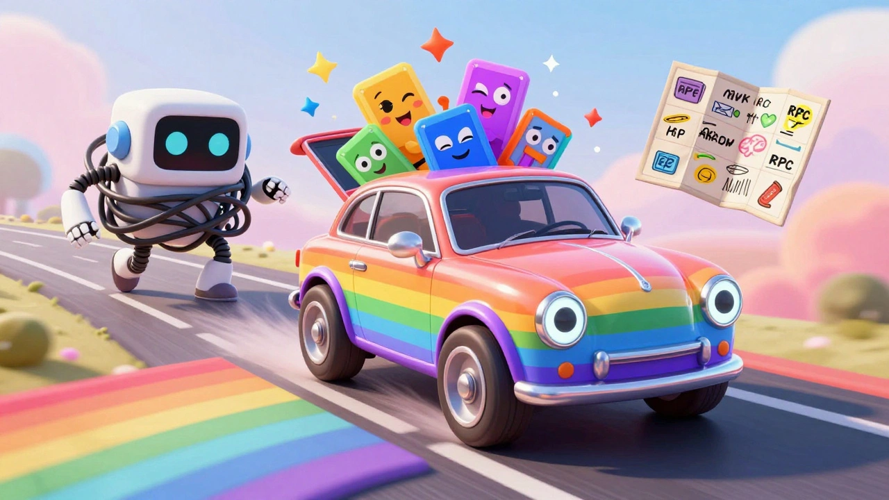 A sleek cartoon car with googly eyes gliding over a rainbow blockchain, carrying dancing NFTs.