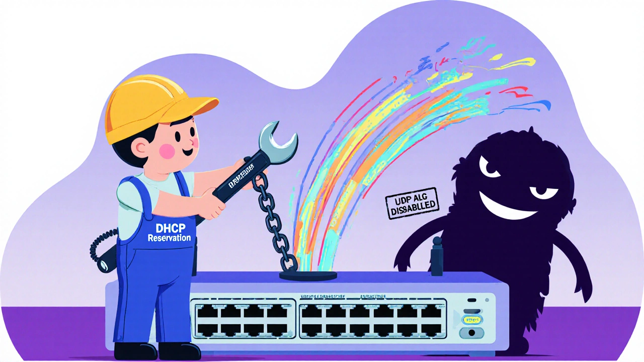 A technician securing a VoIP device&#039;s MAC address to a router, while disabling a SIP ALG monster.
