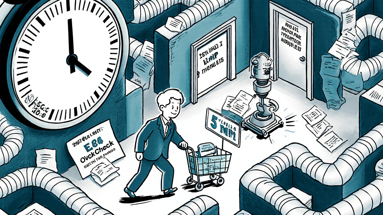 A tiny person pushes a cart through a maze of legal documents labeled with country-specific VoIP requirements.