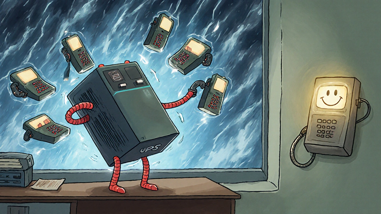 A UPS battery saving VoIP phones and router during a power outage.