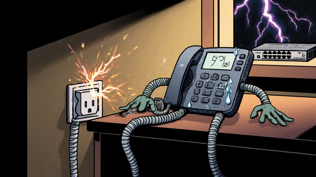A VoIP phone powerless after its outlet is unplugged during a storm.