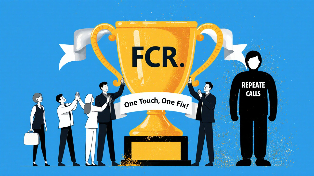 Agents holding a giant FCR trophy as repeat calls disappear, in vibrant rubber hose animation style.