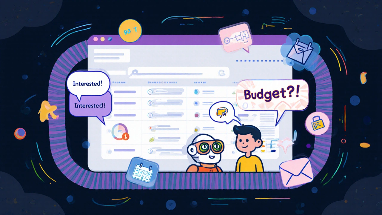 AI assistant analyzing a call and auto-logging tags like &#039;Interested&#039; and &#039;Budget?&#039; on a glowing CRM screen.