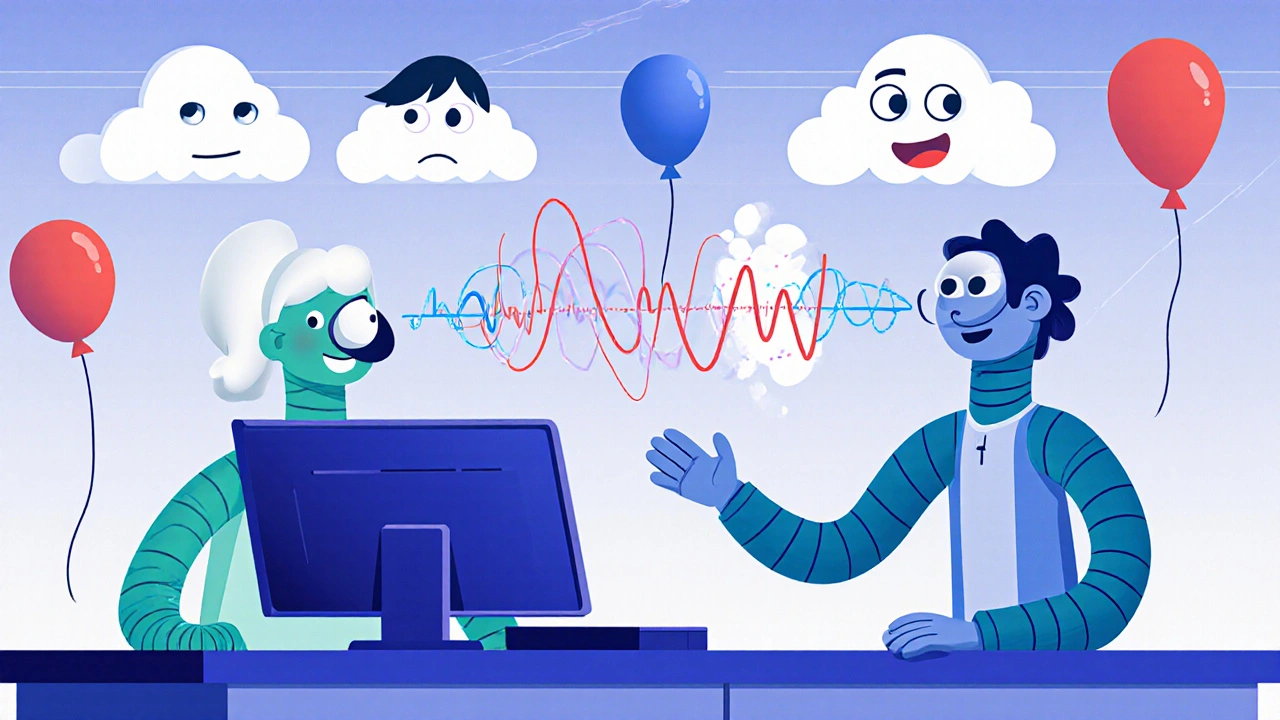 AI eyes analyze voice emotions in a futuristic call center, routing calls to matching specialists.