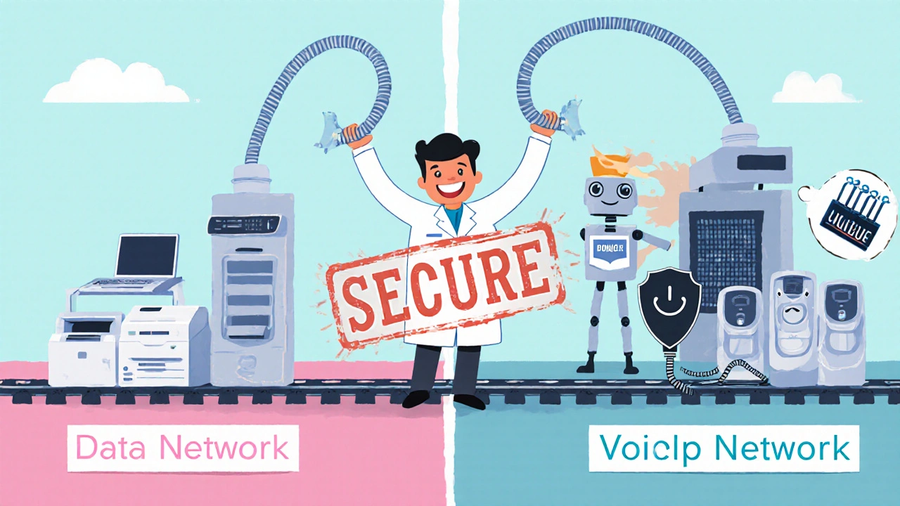 An IT worker separating data and VoIP networks with a secure VLAN, blocking a rogue device with a MAC filter.