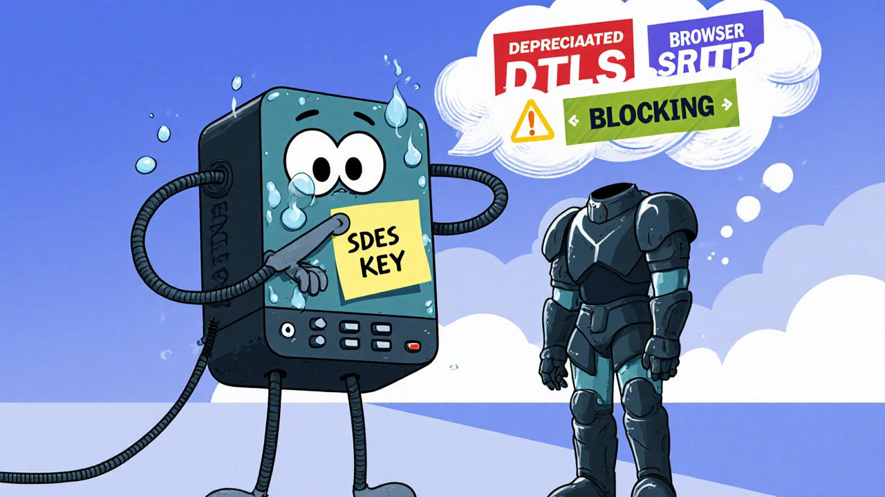 An old SIP PBX machine nervously holds a vulnerable key as a modern smartphone protects it with encryption armor.