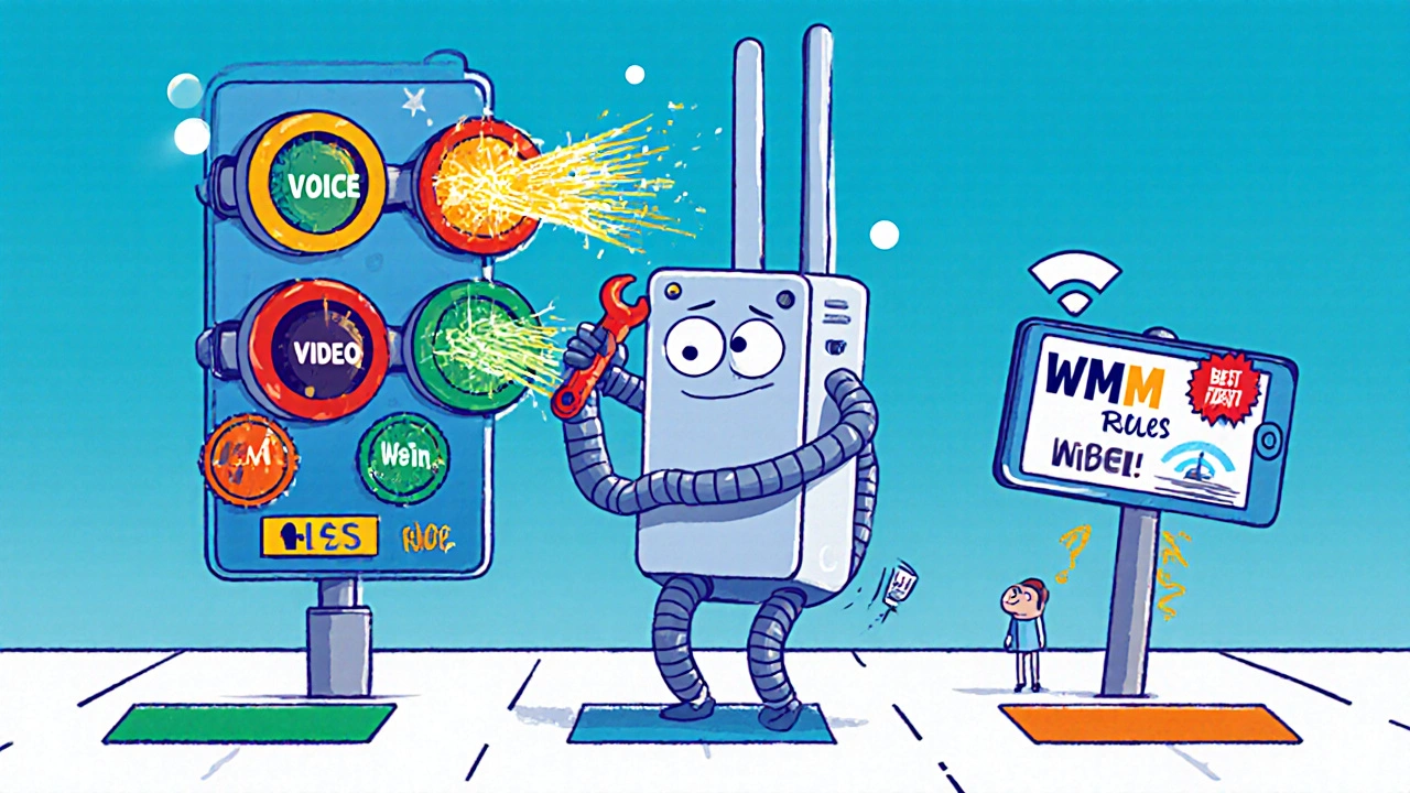 Cartoon access point adjusting traffic valves for voice, video, and background data with colorful, bouncy packets.