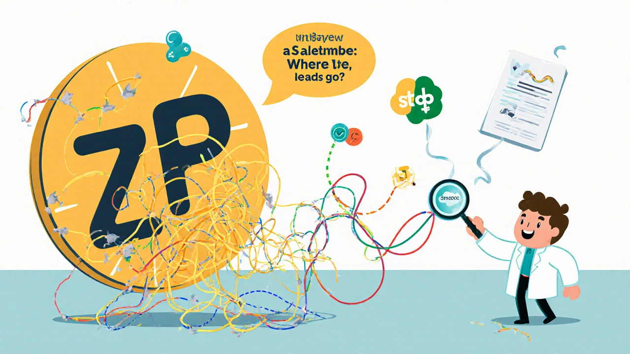 Chaotic office scene with floating data blobs escaping through broken API connections between business tools.