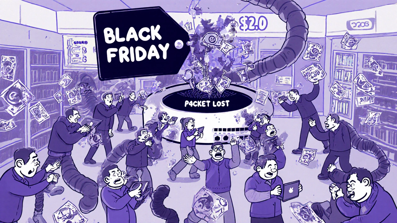 Chaotic retail scene with employees losing money as their phones fail during Black Friday due to network issues.