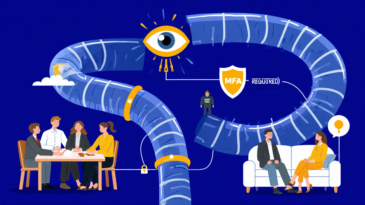 Employees connected by a rubber-hose VPN tunnel with locks on voice packets and an AI eye monitoring security.