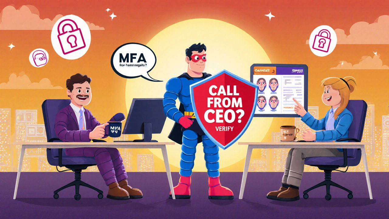 Employees learn to spot deepfake calls from a superhero mascot using AI voice detection.