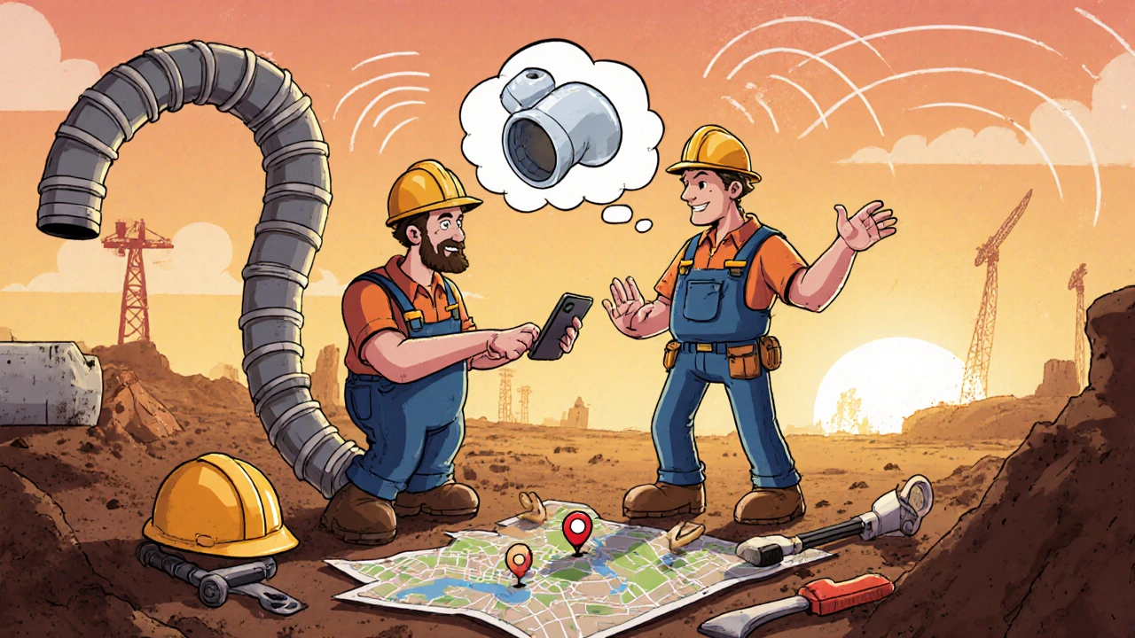 Field foreman video-calls a designer as plumbing conflicts appear as floating bubbles on a dusty job site.