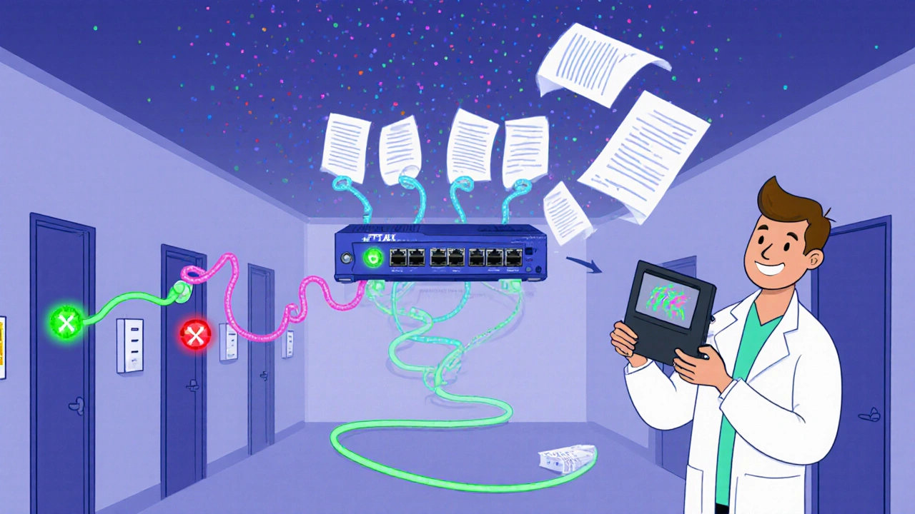 Nurse call buttons stretching like rubber bands toward a VoIP gateway with glowing FXS and FXO ports in a hospital hallway.