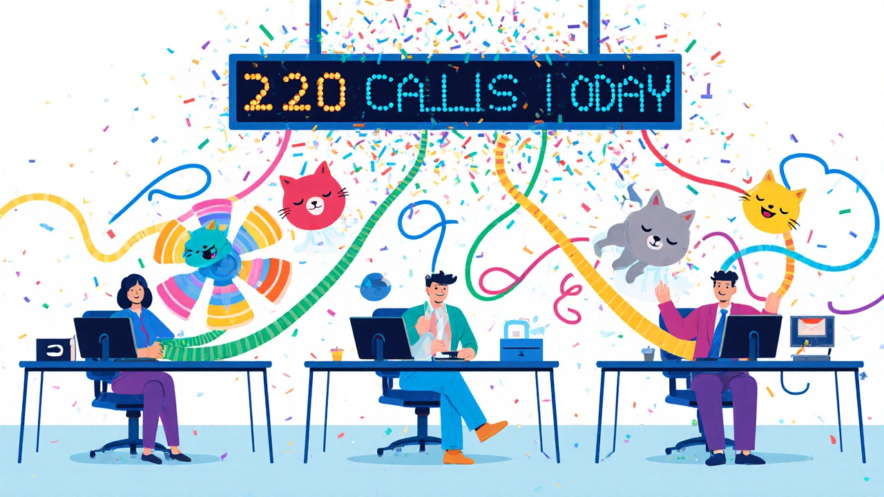 Sales team using a spinning power dialer to make 220 calls in a day with wobbly phone lines flying through the air.
