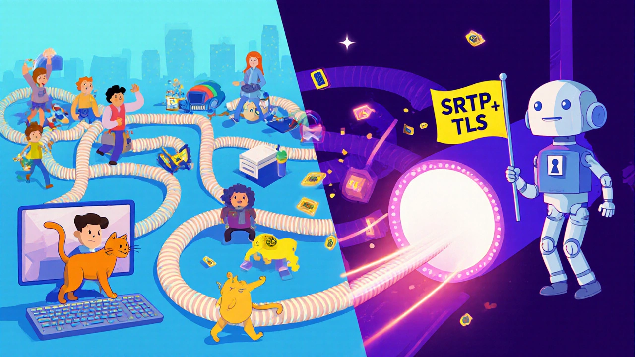 Split network scene: chaotic home internet vs. clean, prioritized voice lane with a security robot.