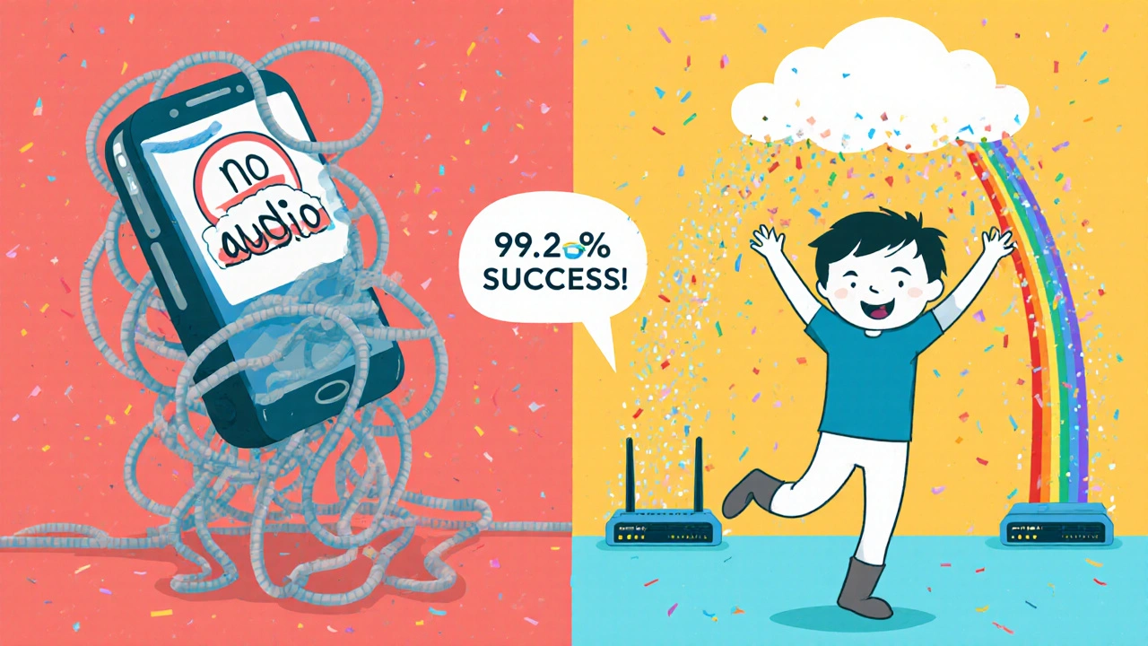 Split scene: left shows a broken phone with no audio, right shows the same phone dancing with clear sound waves.