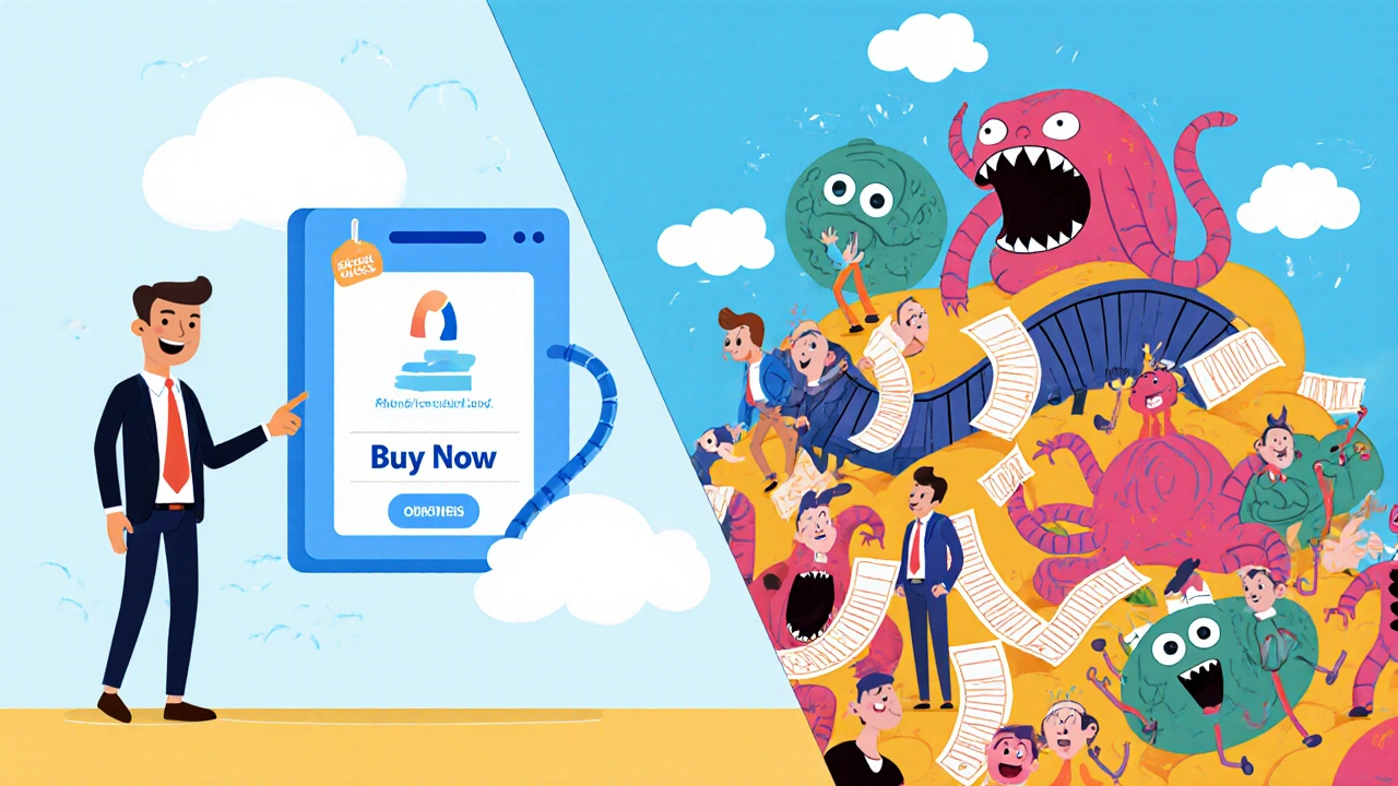 Split-screen cartoon: happy buyer vs overwhelmed user buried in recurring VoIP bills like monsters and leaky faucets.