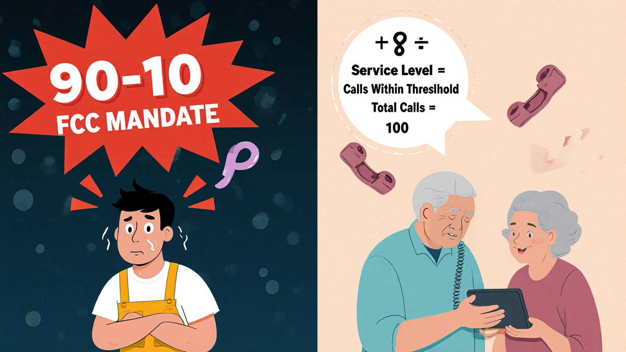 Split-screen cartoon of telecom worker stressed by FCC mandate versus calm healthcare agent helping a customer with floating formula.