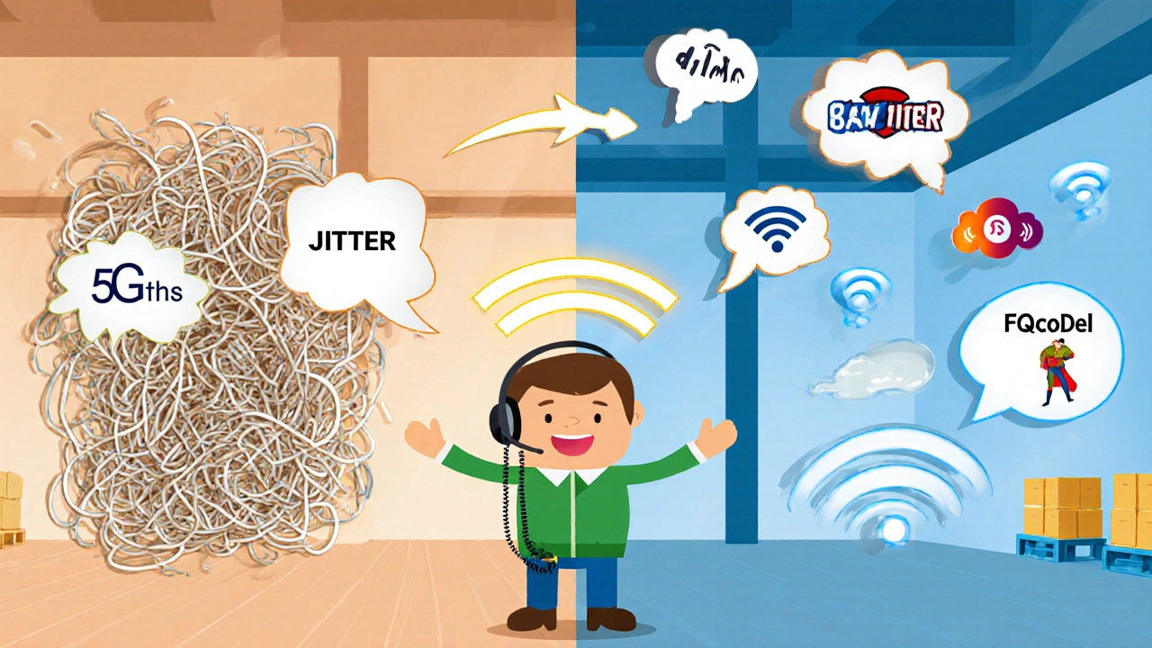 Split-screen cartoon showing chaotic vs. smooth VoIP networks with WMM fixes like 5GHz and FQ-CoDel as heroes.