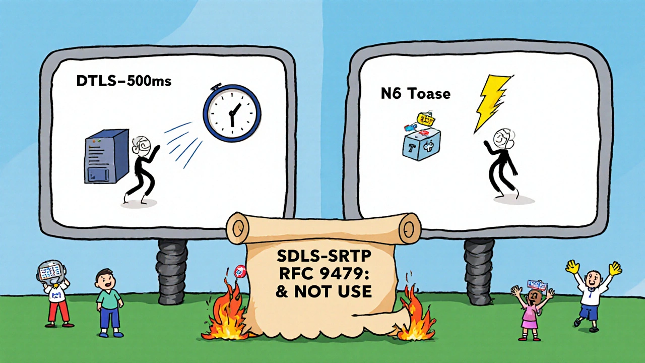 Split-screen comparison: slow secure handshake vs fast insecure key toss, with official deprecation notice burning below.