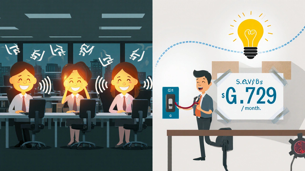 Split-screen: left side shows calm call center with G.711, right side shows efficient small business with G.729.