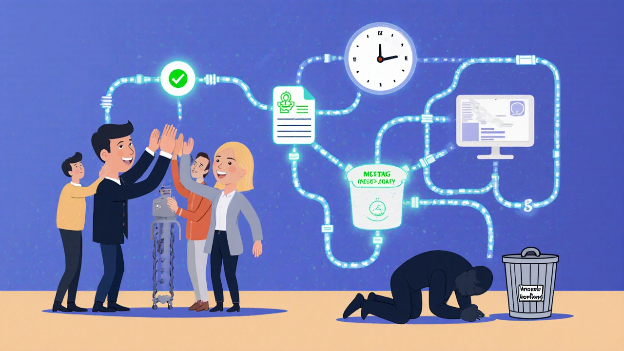 Team celebrating as all business tools are successfully linked in a glowing web of connections after migration.