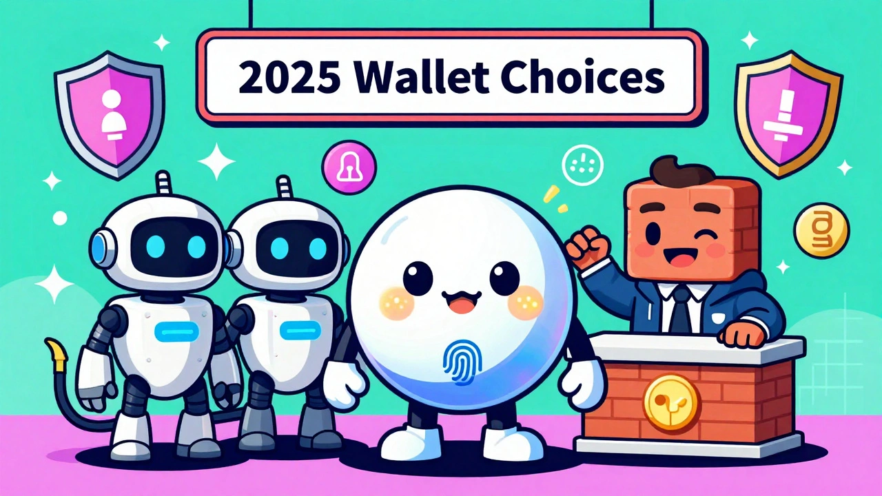 Three quirky characters representing Safe, ZenGo, and Coinbase Wallet under a 2025 wallet choices sign.