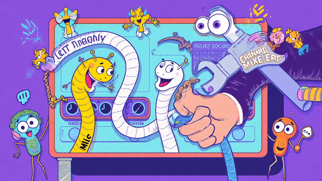 Two wiggly audio snakes—one loud, one invisible—being mixed into one mono rope by a wrench-wielding hand.