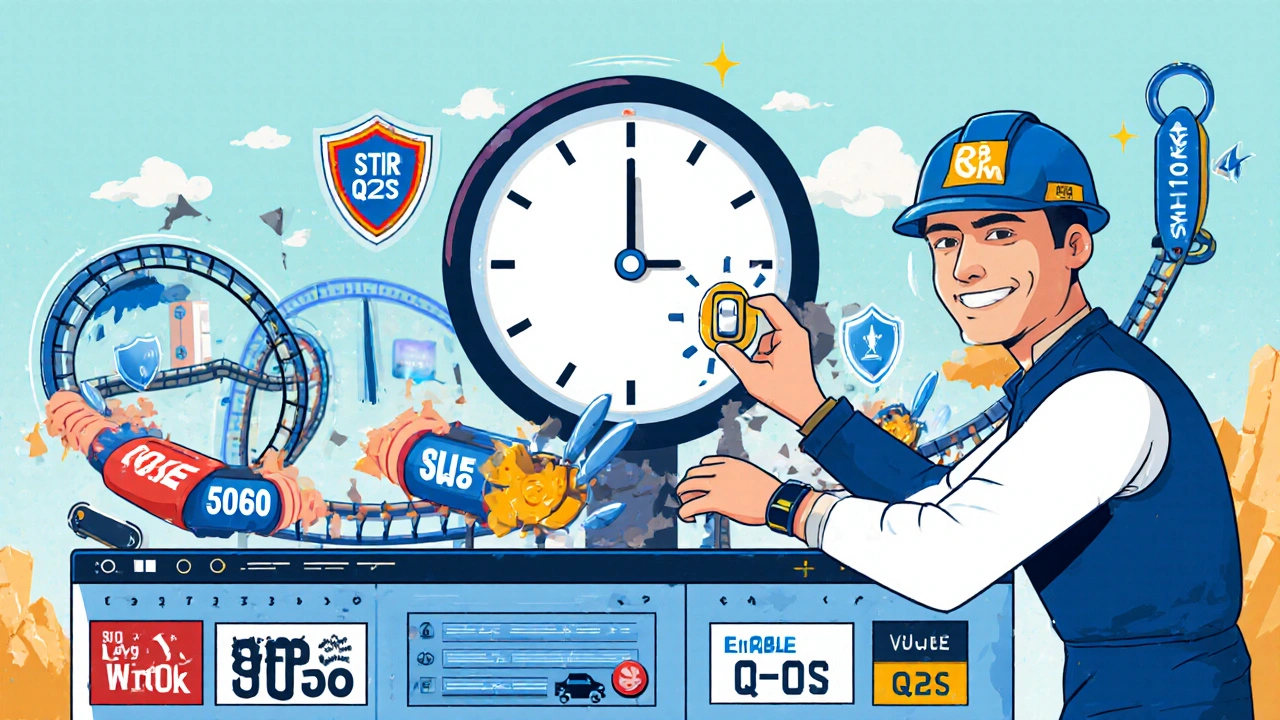 Voice packets racing on a QoS rollercoaster past firewalls, as analog phone lines crumble behind them.